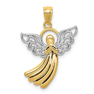 14k Yellow Gold and Rhodium Filigree Angel Pendant D3722