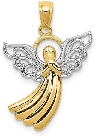 14k Yellow Gold and Rhodium Filigree Angel Pendant D3722