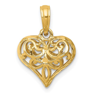 14k Yellow Gold Diamond-Cut Open Filigree Fleur-De-Lis Heart Pendant (Small)