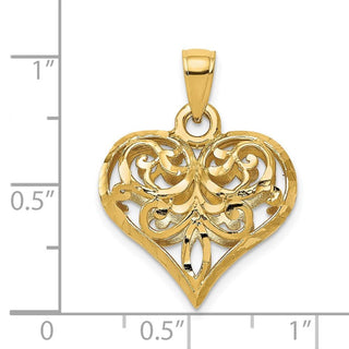 14k Yellow Gold Diamond-Cut Open Filigree Fleur-De-Lis Heart Pendant (Large)
