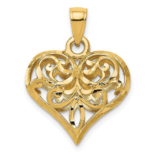 14k Yellow Gold Diamond-Cut Open Filigree Fleur-De-Lis Heart Pendant (Large)