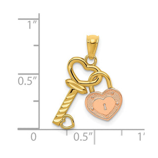 14k Yellow and Rose Gold Heart Lock and Key Pendant