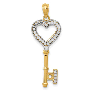 14k Yellow Gold and White Rhodium Polished Heart Key Pendant D3851