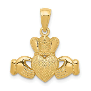 14k Yellow Gold Claddagh Pendant w/Textured Crown