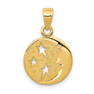 14k Yellow Gold Polished Flat-Backed Moon w/Three Stars Pendant