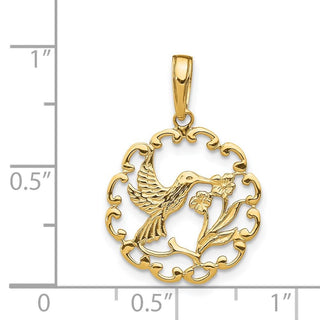 14k Yellow Gold Hummingbird w/Flower In Frame Pendant