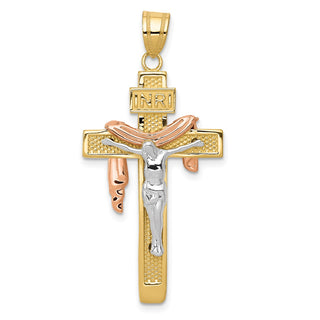 14k Yellow Gold Tri-Color Large Draped Inri Crucifix Pendant