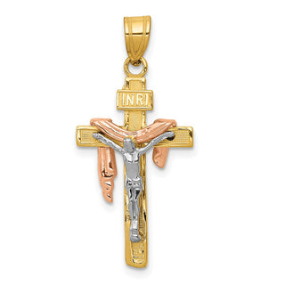 14k Yellow Gold Tri-Color Diamond-Cut Small Draped Inri Crucifix Pendant