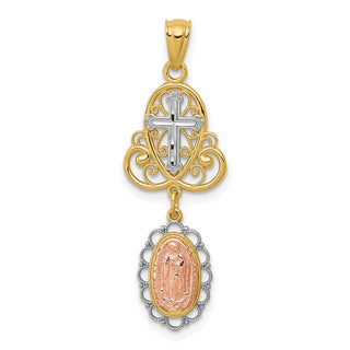 14k Yellow Gold and Rhodium Our Lady Of Guadalupe Cross Pendant