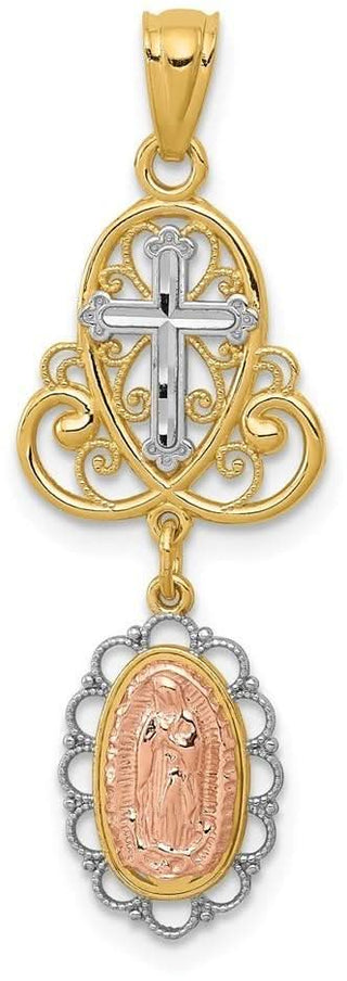 14k Yellow Gold and Rhodium Our Lady Of Guadalupe Cross Pendant