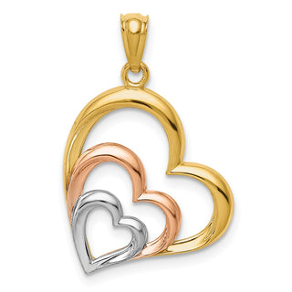 14k Yellow and Rose Gold with Rhodium Polished 3 Hearts Pendant D4356