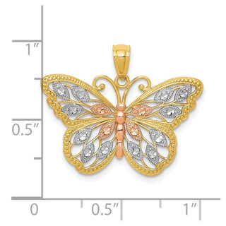 14k Yellow Gold and Rhodium Plated Diamond-cut Butterfly Pendant D4380