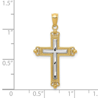 14k Yellow Gold and Rhodium Diamond-Cut Cross Pendant D4414