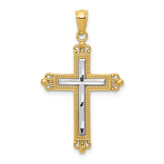 14k Yellow Gold and Rhodium Diamond-Cut Cross Pendant D4414