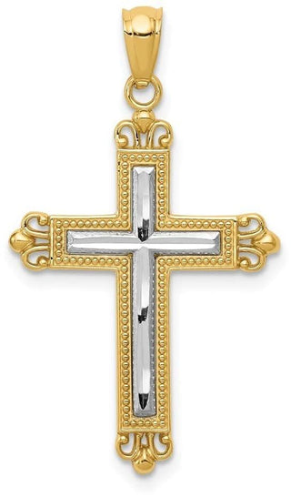 14k Yellow Gold and Rhodium Diamond-Cut Cross Pendant D4414