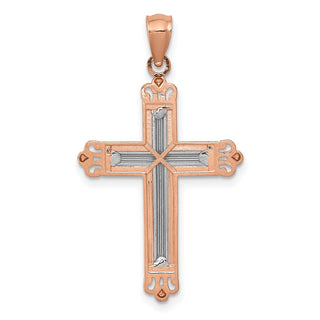14k Rose Gold with Rhodium Plated Diamond-Cut Cross Pendant