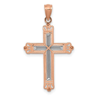 14k Rose Gold with Rhodium Plated Diamond-Cut Cross Pendant