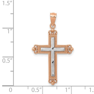 14k Rose Gold with Rhodium Plated Diamond-Cut Cross Pendant