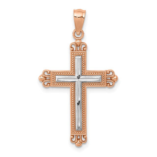 14k Rose Gold with Rhodium Plated Diamond-Cut Cross Pendant