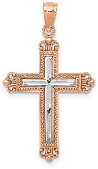 14k Rose Gold with Rhodium Plated Diamond-Cut Cross Pendant