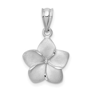 14k White Gold Brushed and Diamond-cut Plumeria Flower Pendant