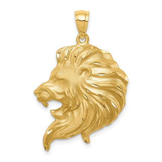 Mens 14k Yellow Gold Brushed and Shiny-Cut Lion Head Pendant D4480