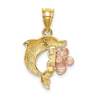 14k Two-tone Gold Brushed and Polished Diamond-cut Plumeria and Dolphin Pendant