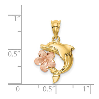 14k Two-tone Gold Brushed and Polished Diamond-cut Plumeria and Dolphin Pendant