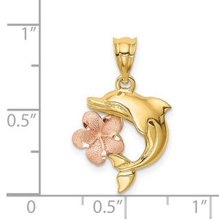 14k Two-tone Gold Brushed and Polished Diamond-cut Plumeria and Dolphin Pendant