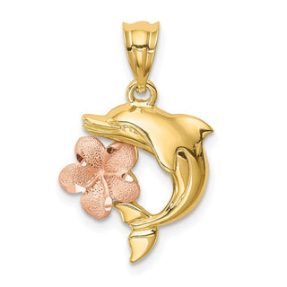 14k Two-tone Gold Brushed and Polished Diamond-cut Plumeria and Dolphin Pendant