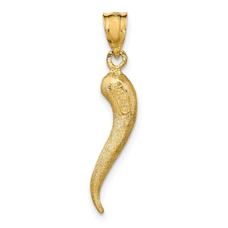 14k Yellow Gold Brushed 3D Italian Horn Pendant