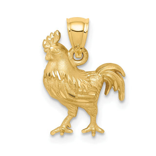 14k Yellow Gold Satin Diamond-Cut Rooster Pendant