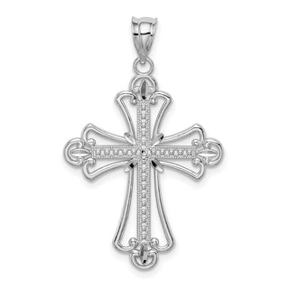14K White Gold Polished Diamond-cut Textured Cross Pendant
