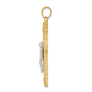 14K Two-tone Gold Brushed & Polished Greek Key Crucifix Pendant