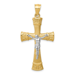 14K Two-tone Gold Brushed & Polished Greek Key Crucifix Pendant