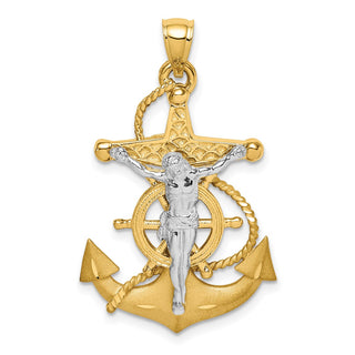 14K Two-tone Gold Polished/Satin Diamond-cut Mariner Cross Pendant