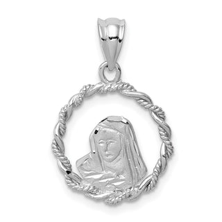 14K White Gold Brushed & Polished Diamond-cut Virgin Mary Pendant