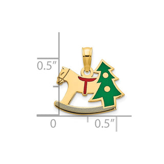 14k Yellow Gold Polished Epoxy Rocking Horse with Christmas Tree Pendant