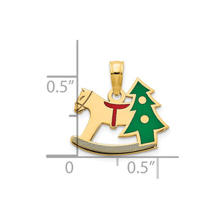 14k Yellow Gold Polished Epoxy Rocking Horse with Christmas Tree Pendant