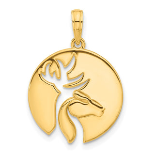 14K Yellow Gold Polished Cut-out Deer Head Circle Pendant