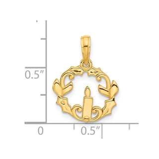 14K Yellow Gold Polished Candle with Holly Circle Pendant