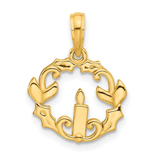 14K Yellow Gold Polished Candle with Holly Circle Pendant