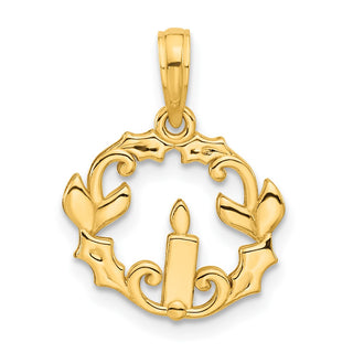 14K Yellow Gold Polished Candle with Holly Circle Pendant