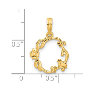 14K Yellow Gold Polished Floral with Bird Circle Pendant