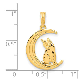 14K Yellow Gold Polished Cat Sittin On Moon Pendant