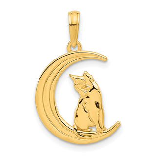 14K Yellow Gold Polished Cat Sittin On Moon Pendant