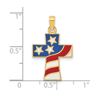 14K Yellow Gold Polished and Enameled American Flag Cross Pendant
