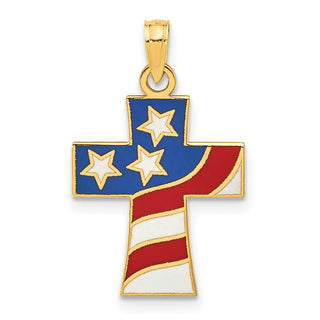 14K Yellow Gold Polished and Enameled American Flag Cross Pendant