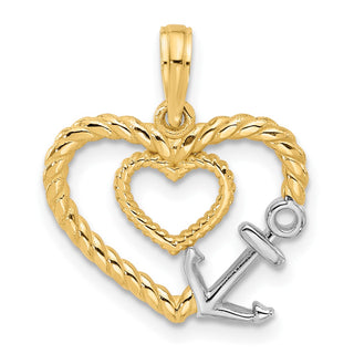 14K Yellow Gold with Rhodium-plating Fancy Rope Heart and Anchor Charm