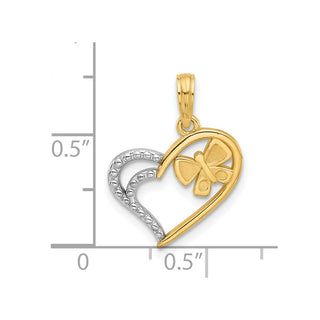14K Yellow Gold with White Rhodium-plating Fancy Heart and Butterfly Charm D5474